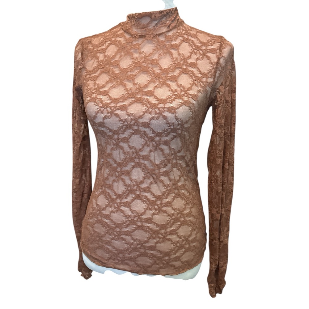 Out From Under Top Elegant Sheer Lace Long Sleeve  Burn Out Brown Sz L See Thru